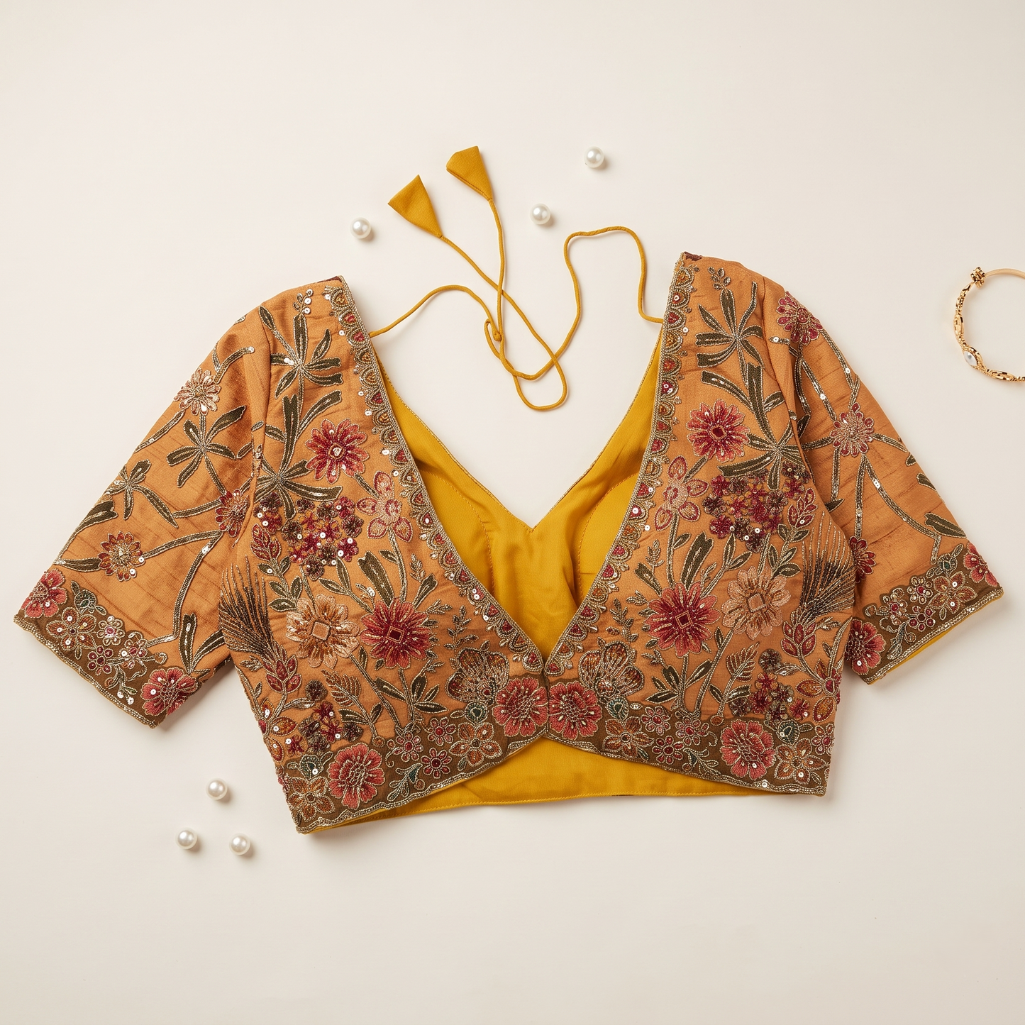 Mustard Raw Silk Sweetheart Neck Blouse with Zari & Floral Embroidery