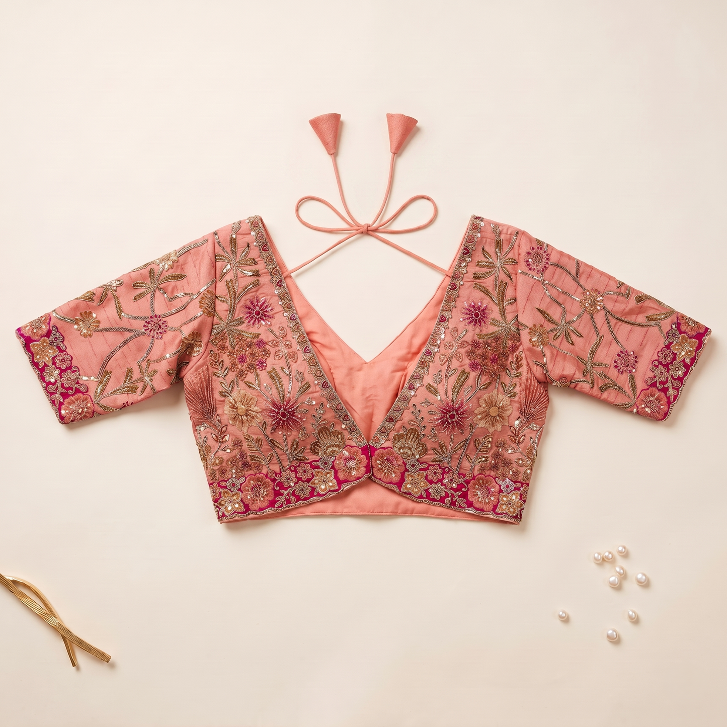 Peach Raw Silk Sweetheart Neck Blouse with Zari & Floral Embroidery