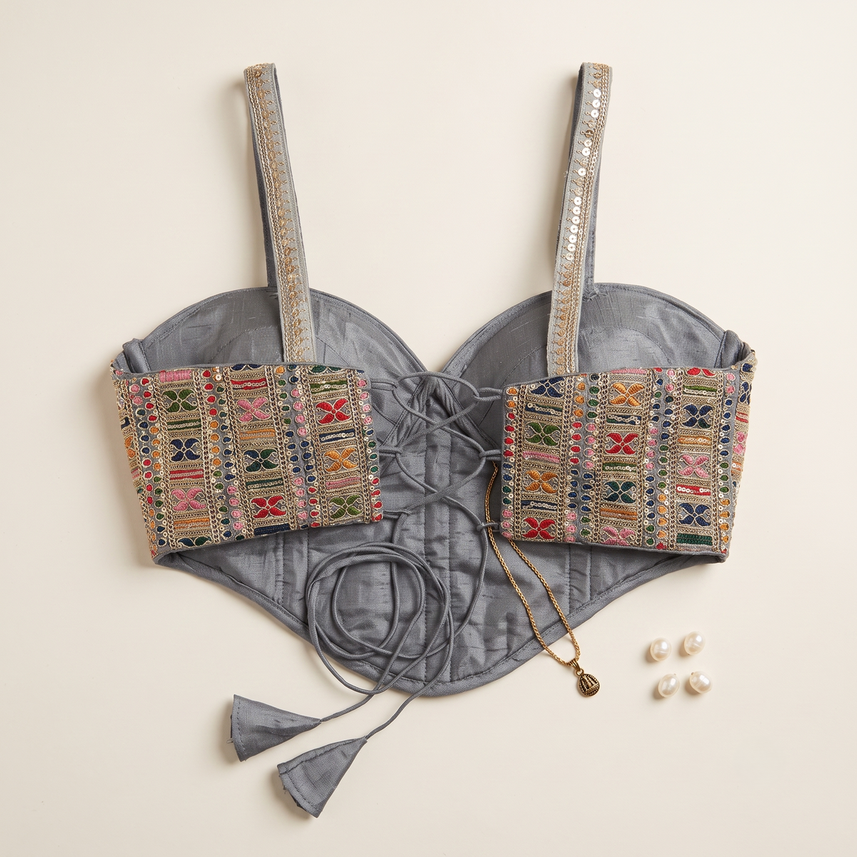 Moonlit Silver Geometric Beaded Top