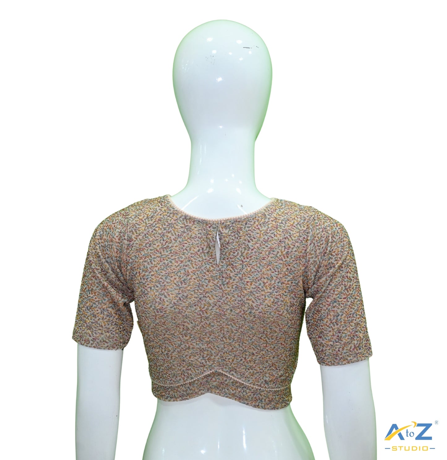 Cream Metallic Lycra Boat Neck Blouse