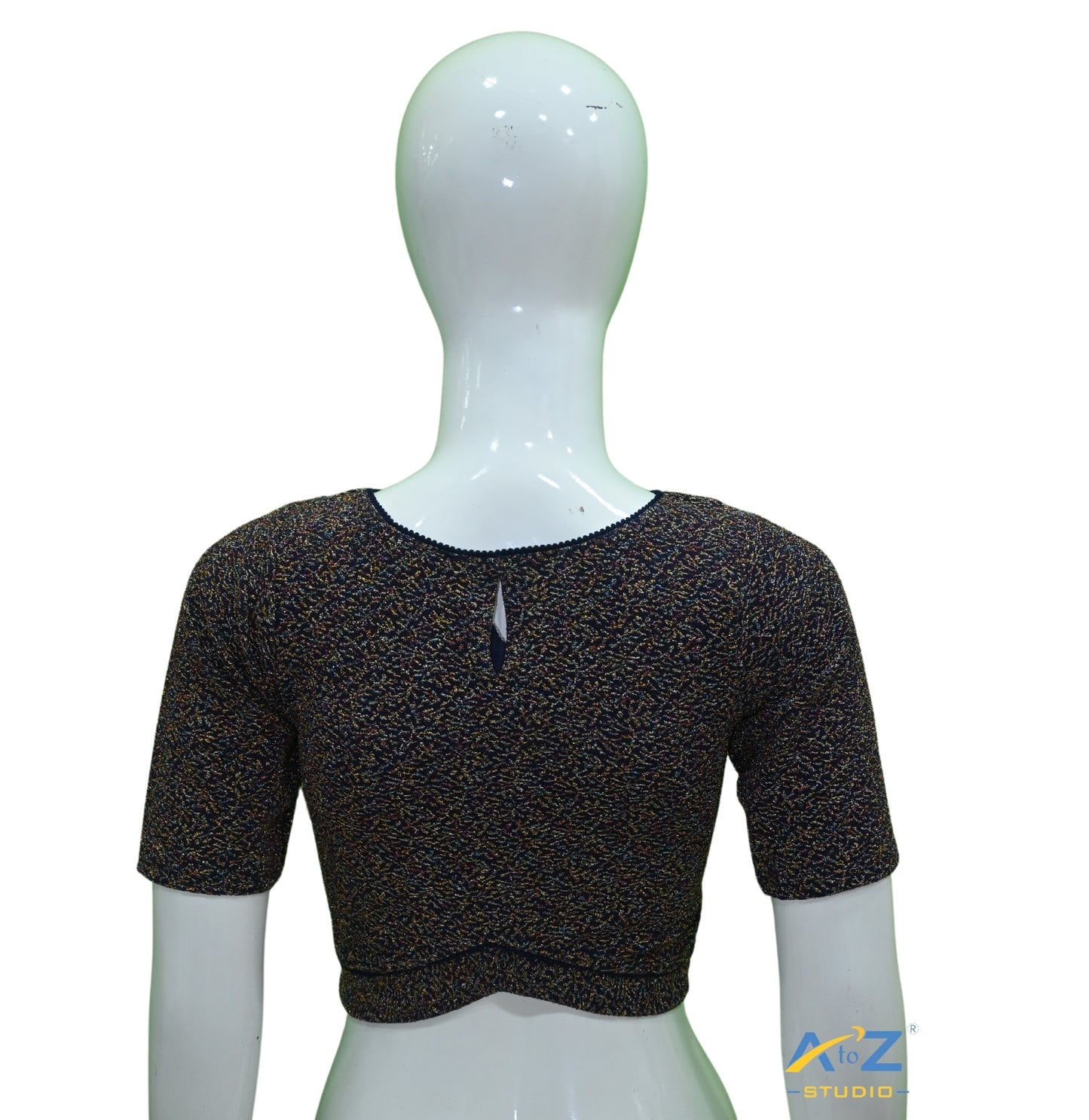 Navy Blue Metallic Lycra Boat Neck Blouse