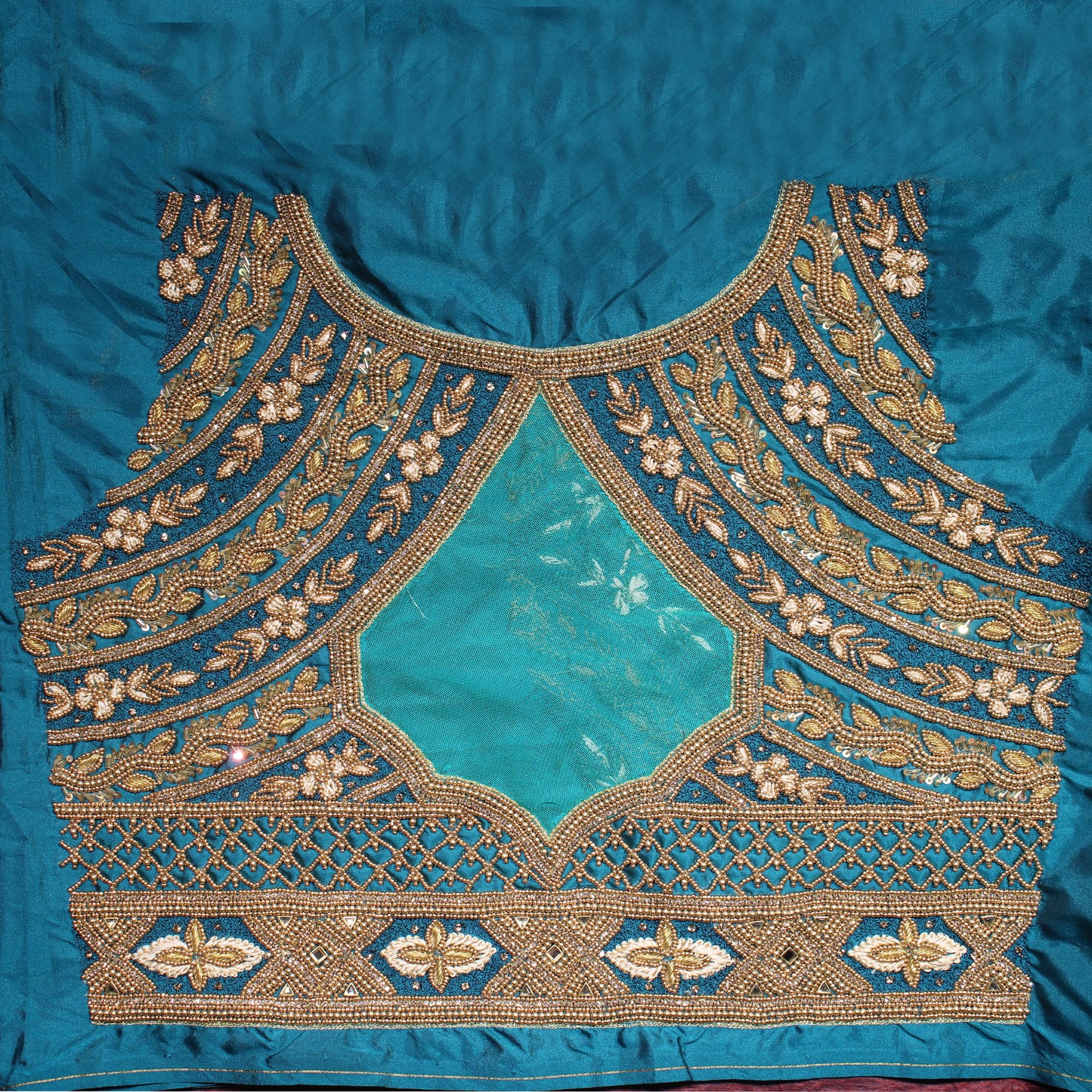 "Royal Teal Floral Handwork Designer Silk Blouse with Cutwork Back Neck"