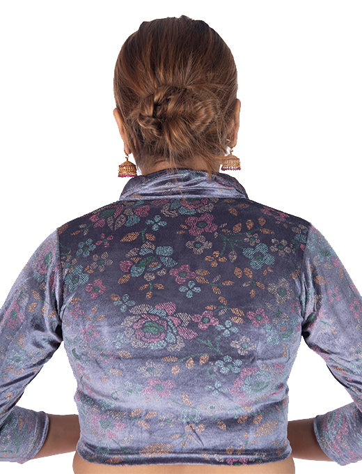 Grey Velvet Blouse with Floral Prints