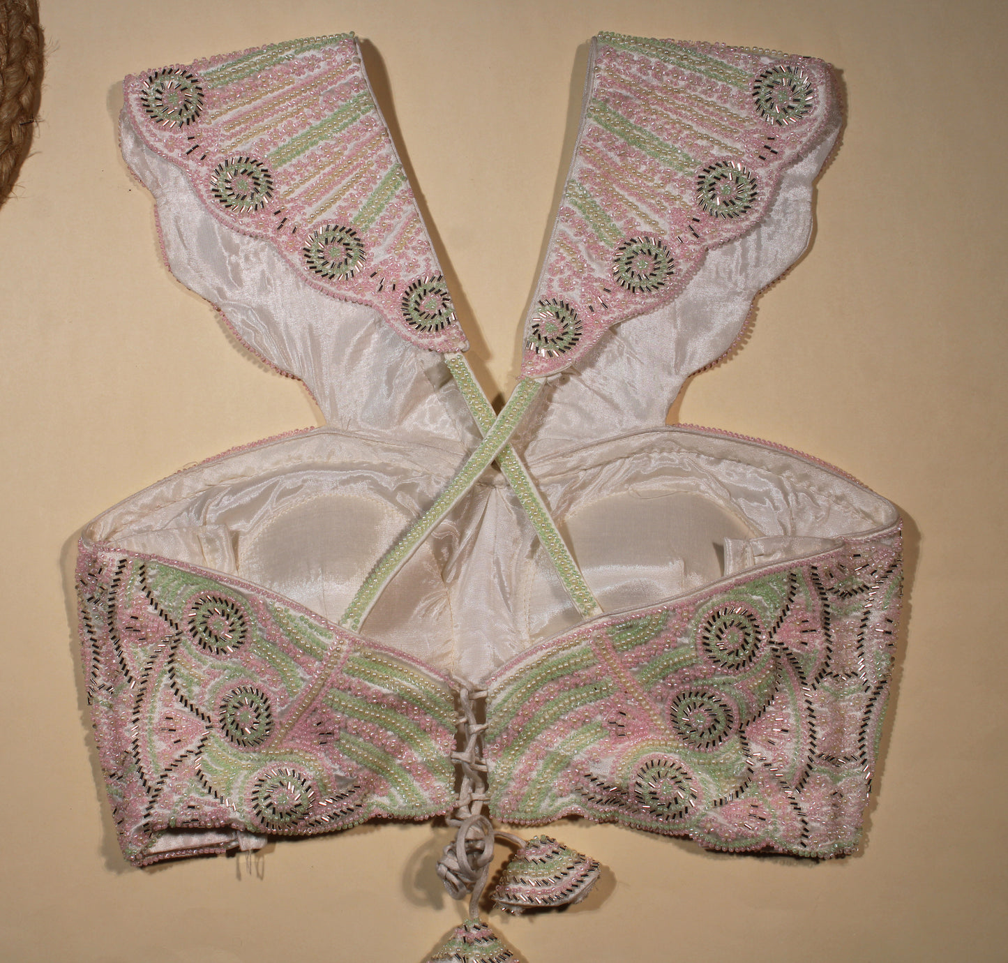 Pastel Pink and Mint Green Scalloped Wing Collar Blouse with Heavy Beadwork