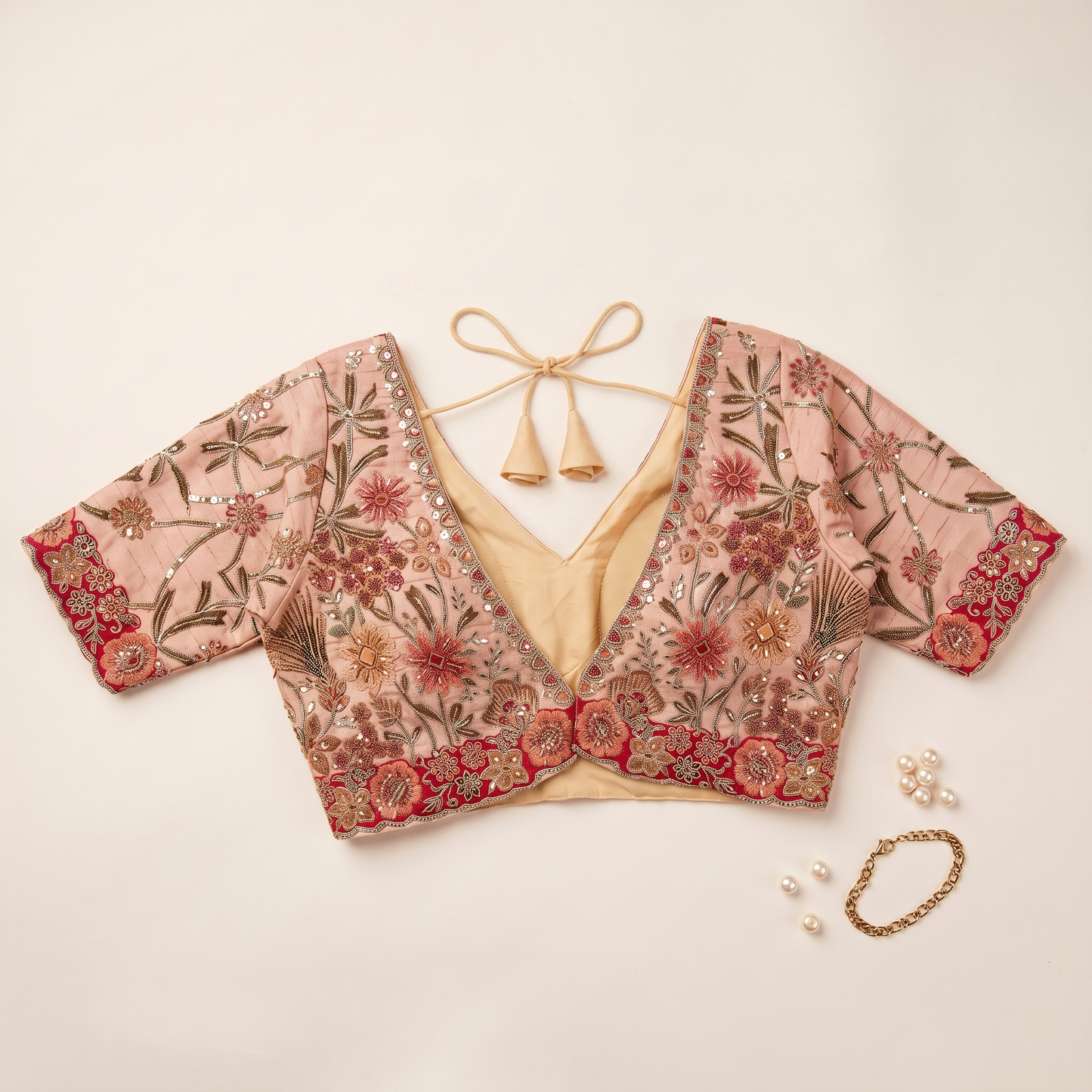 Butter Raw Silk Sweetheart Neck Blouse with Zari & Floral Embroidery