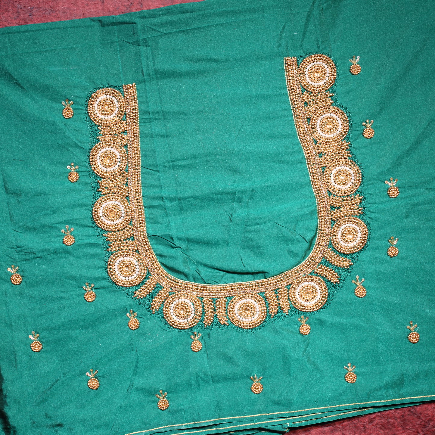 Emerald Green Heavy Handwork Silk Blouse with Pearl, Stone