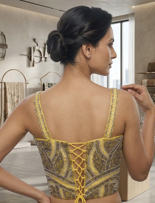 Yellow Beaded Designer Corset Blouse with Crystal Detail