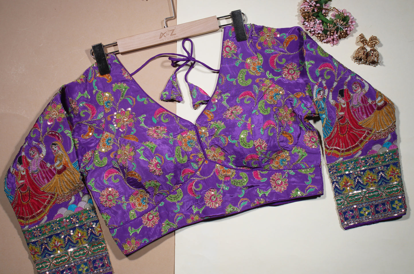 Purple Silk Blouse with Hand-Embroidered Dandiya Dancer Sleeves & Zardosi Work