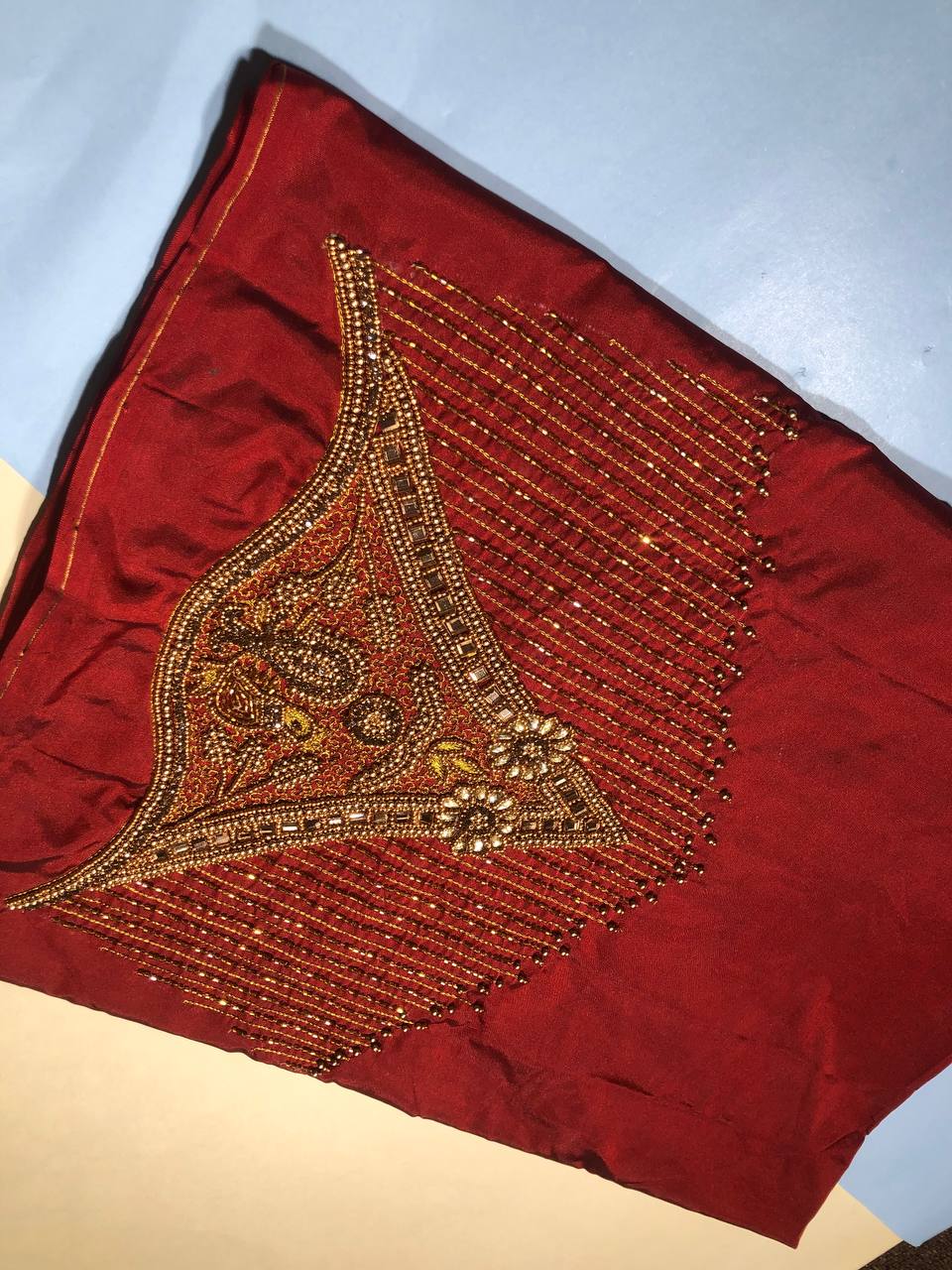 The Gilded Maroon Majesty: Heavily Beadwork Silk Blouse