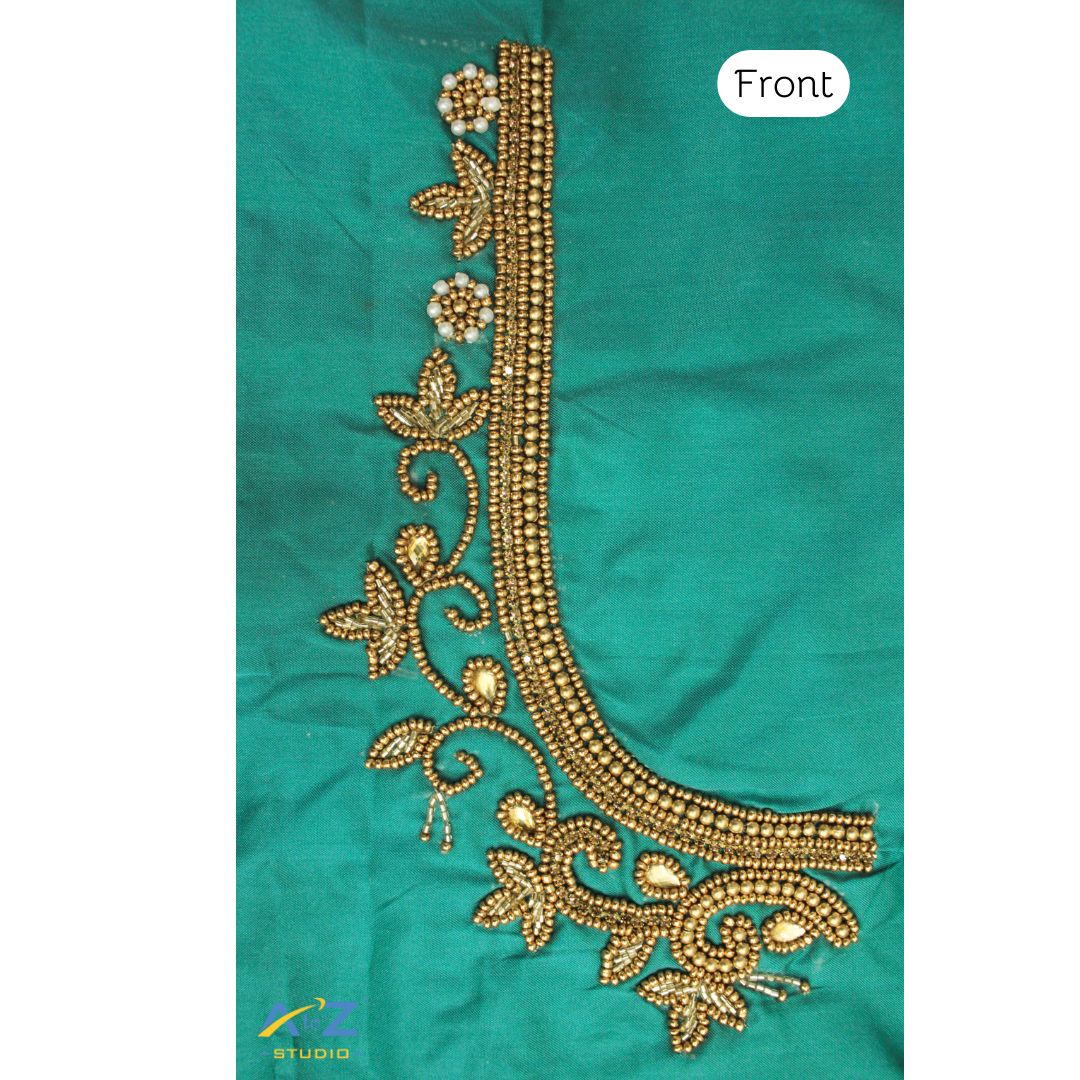 Sea Green Silk Blouse Piece With Aari Work