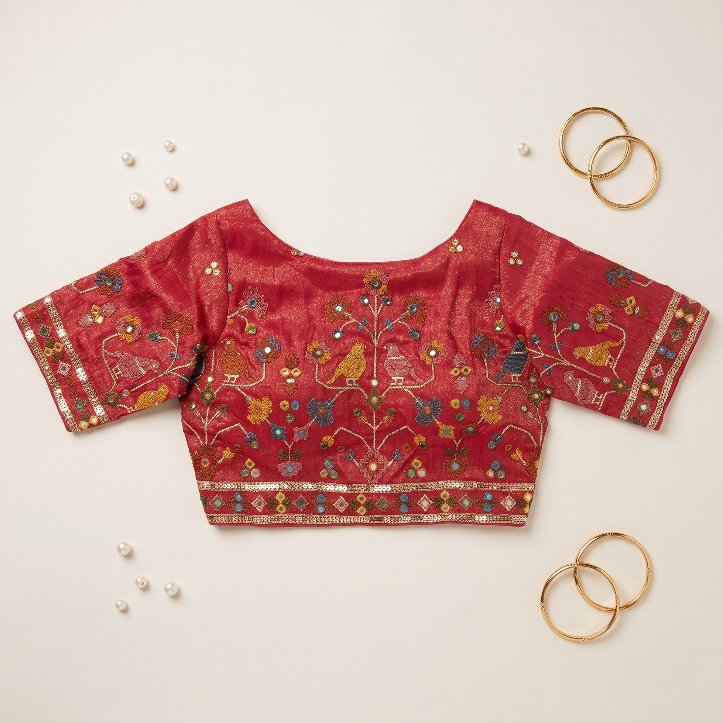 Rani Embroidered Silk Saree Blouse with Floral & Bird Motifs