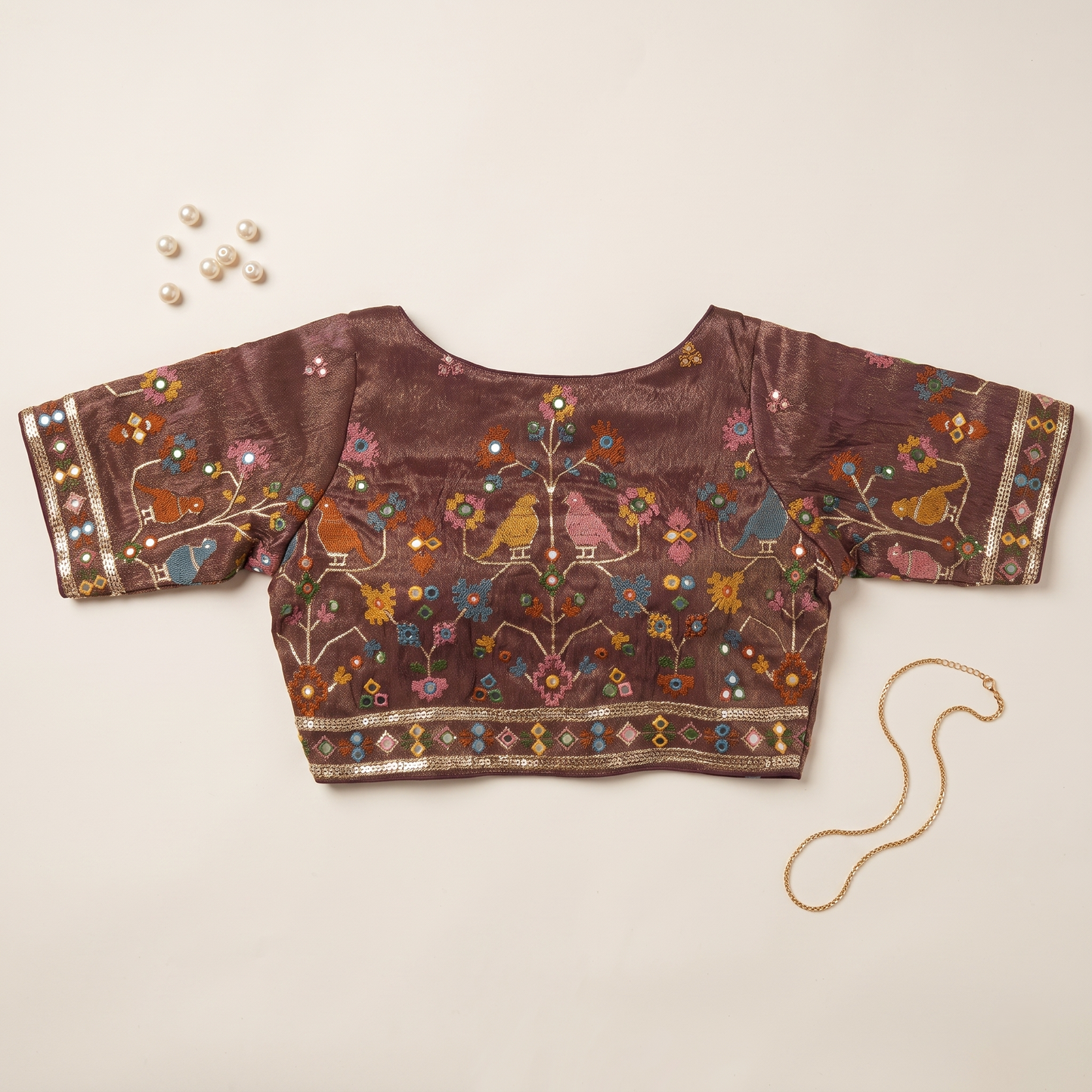 Wine Embroidered Silk Saree Blouse with Floral & Bird Motifs