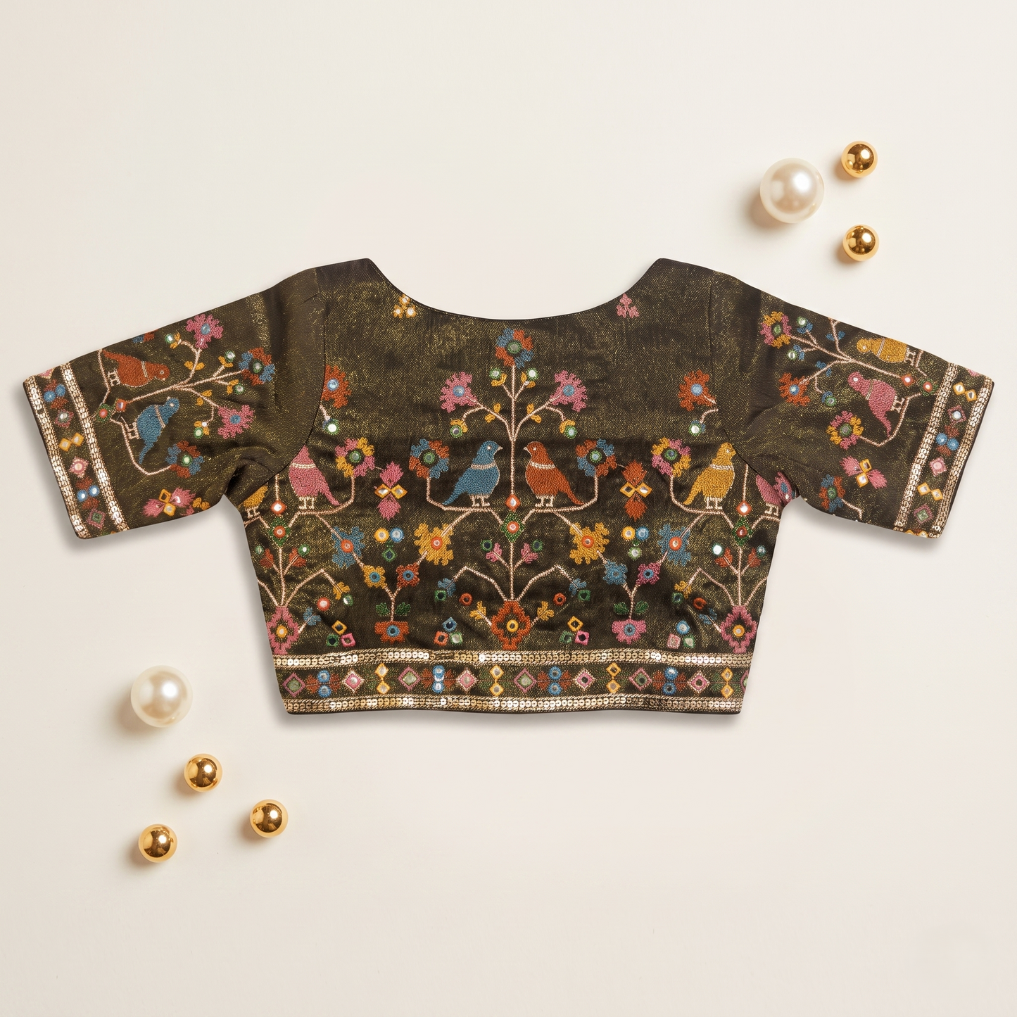 Dark Olive Embroidered Silk Saree Blouse with Floral & Bird Motifs