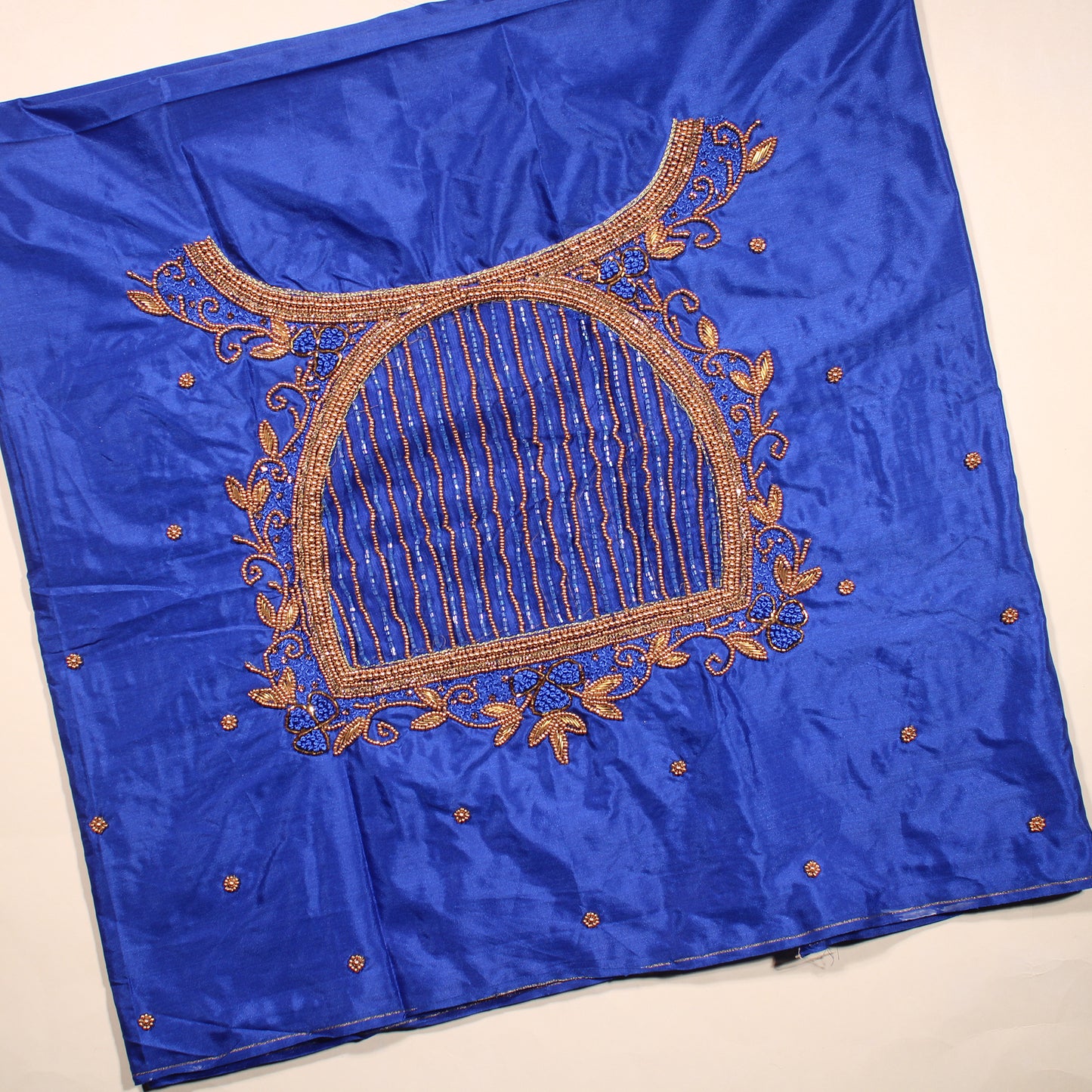"Hand Embroidered Blue Blouse Fabric with Gold Zardozi and Floral Detailing – Festive & Bridal"