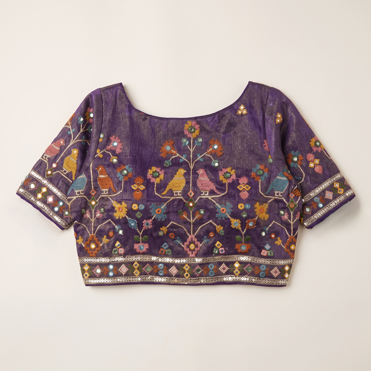 Dark Purple Embroidered Silk Saree Blouse with Floral & Bird Motifs