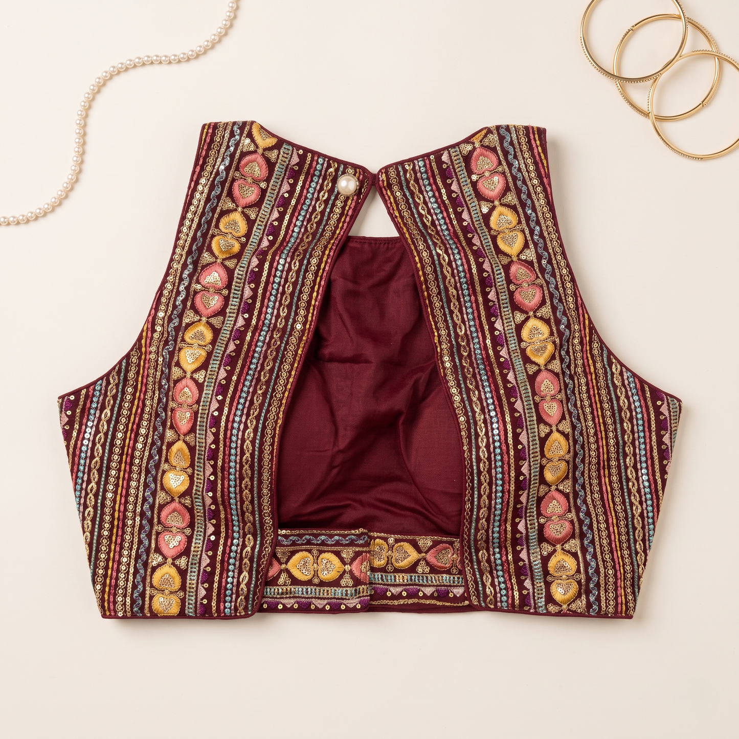 Wine Embroidered Sleeveless Blouse