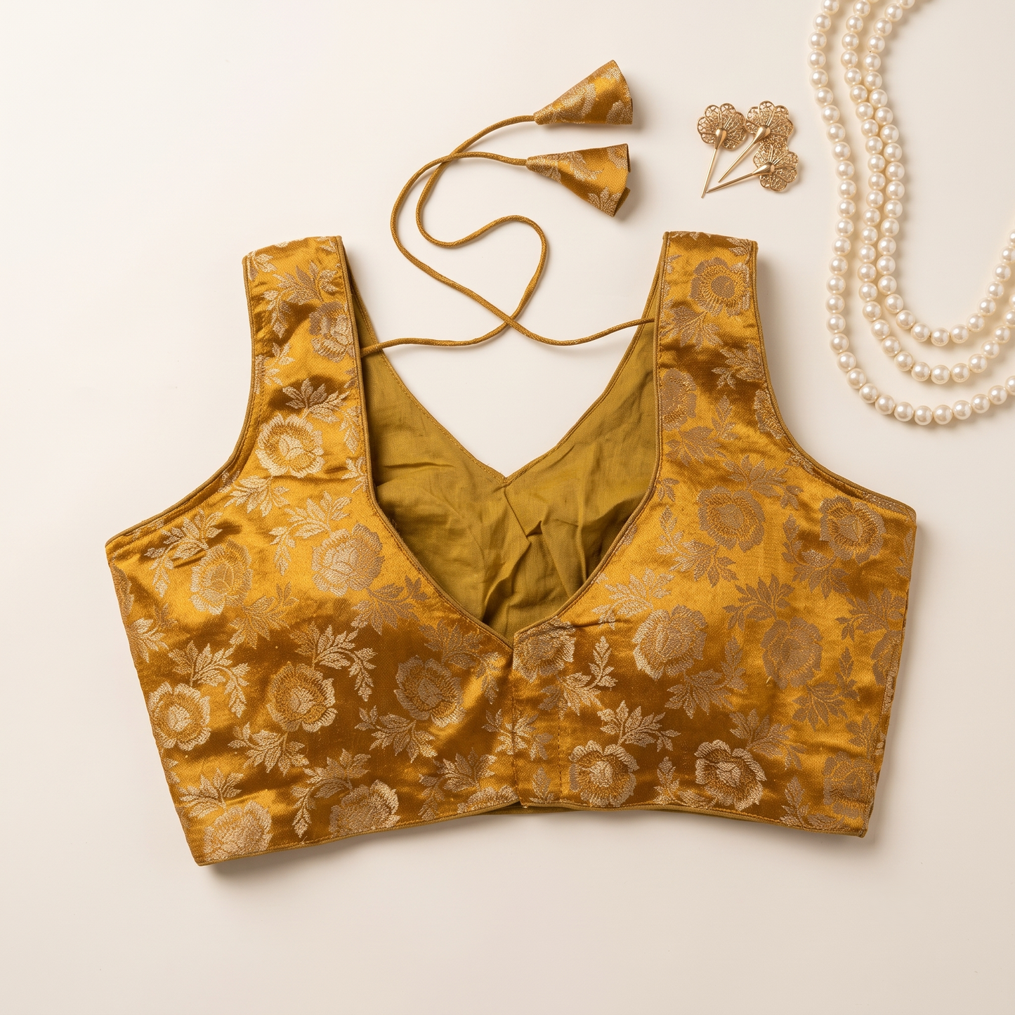 Mustard Floral Jacquard Brocade Saree Blouse