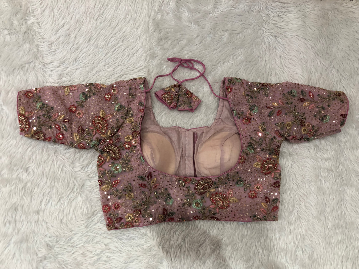 Baby Pink Floral Dori Back Designer Blouse