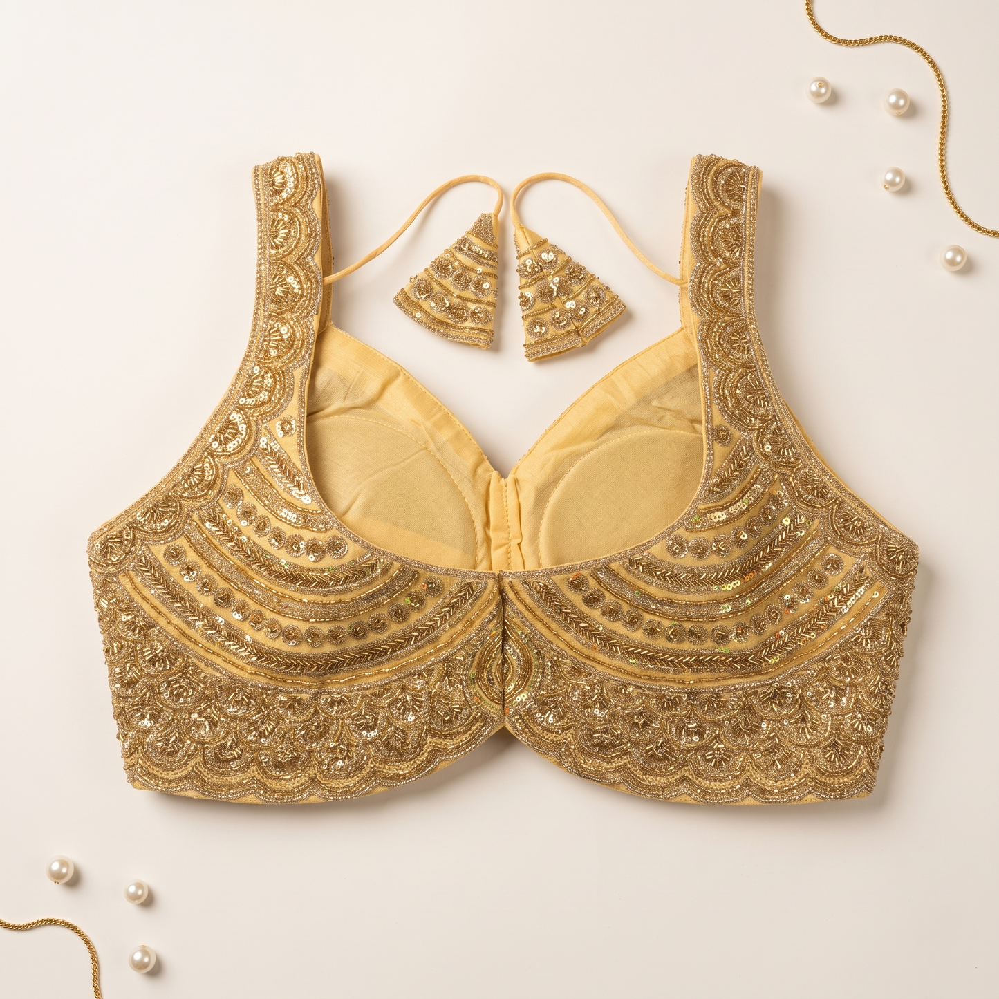 Gold Scalloped Sweetheart Neck Blouse with Tassel Tie-Up