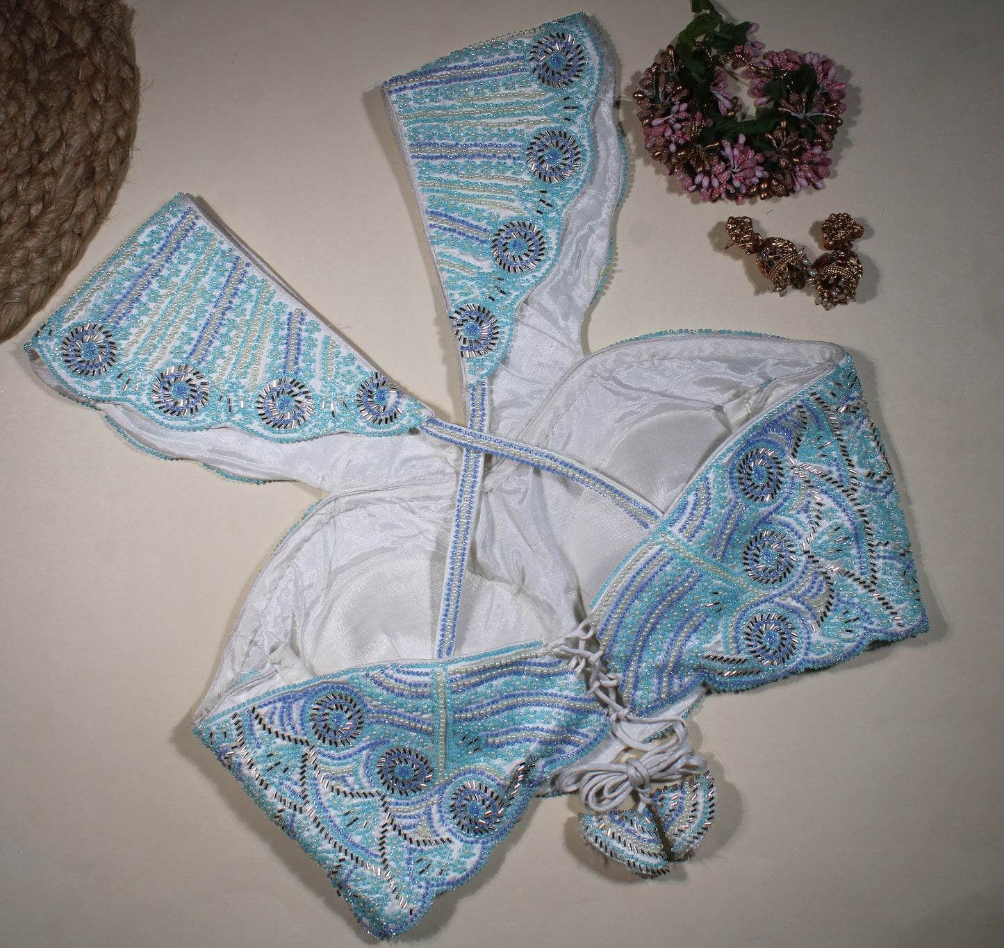 Aqua Sky Blue Scalloped Wing Collar Blouse with Intricate Hand-Embellished Beadwork