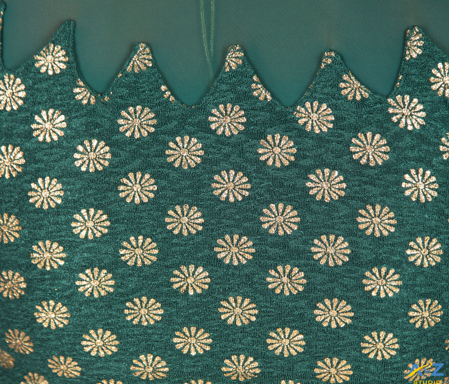 Dark Green Crush Blouse with Golden Flower & Net