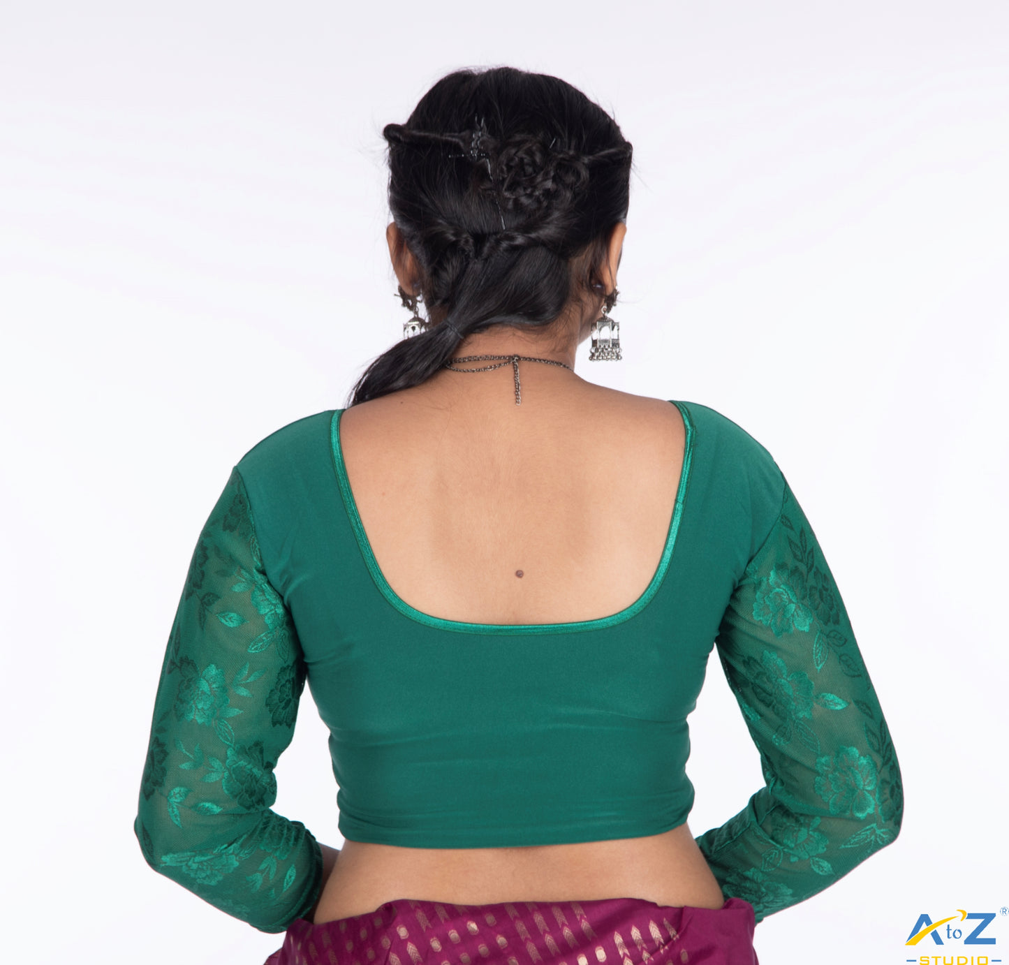 Basil Green Polyester Lycra Net Sleeve Flower Design