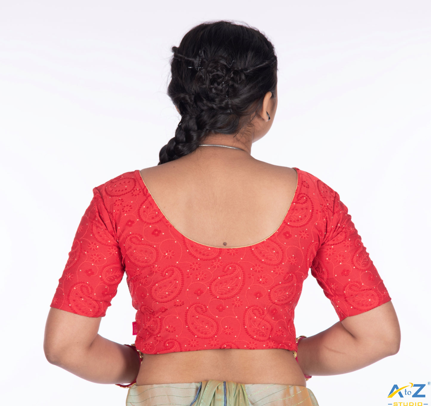 Red Synthetic Lycra Chikankari Elbow Sleeve Blouse