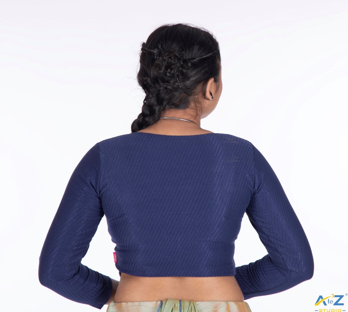 Navy Blue Cotton Lycra Blouse with Shiny Cross Lines