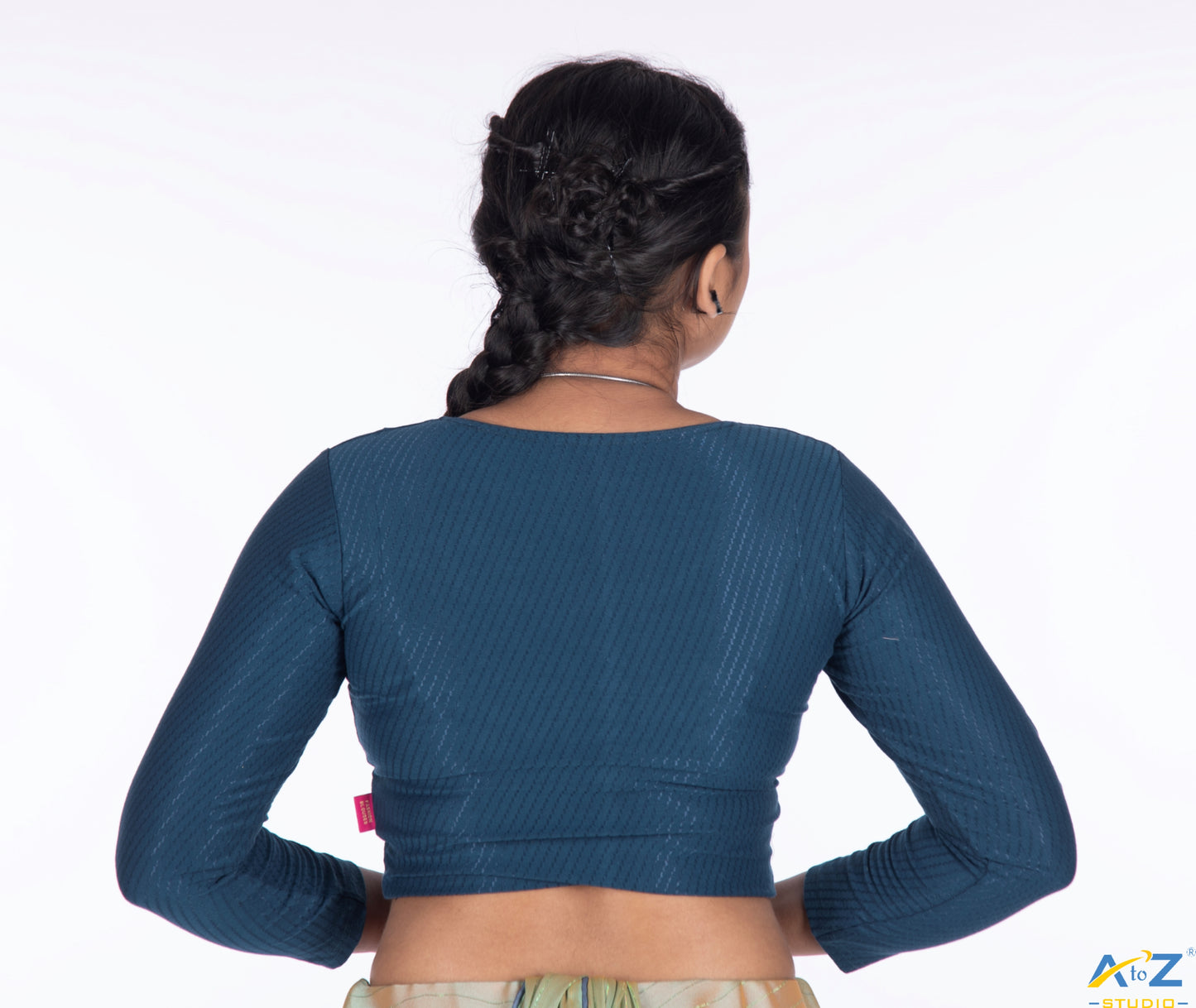 Peacock Cotton Lycra Blouse with Shiny Cross Lines