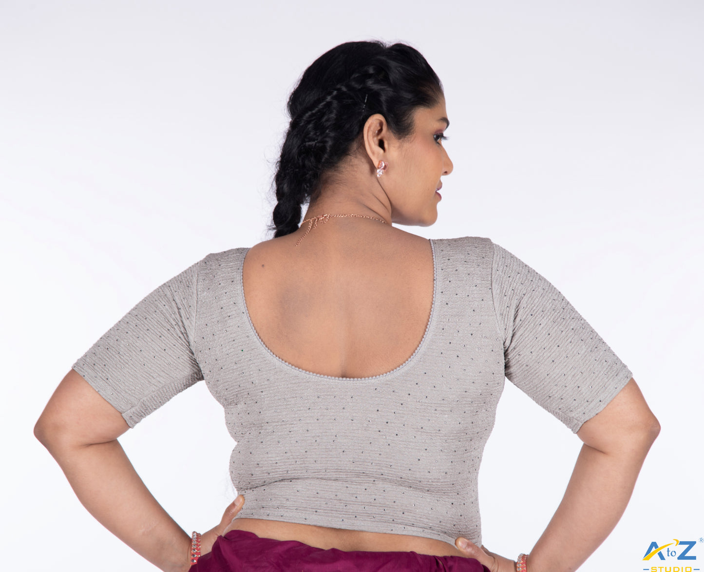 Grey Crush Fabric Tissue Stone Work Blouse