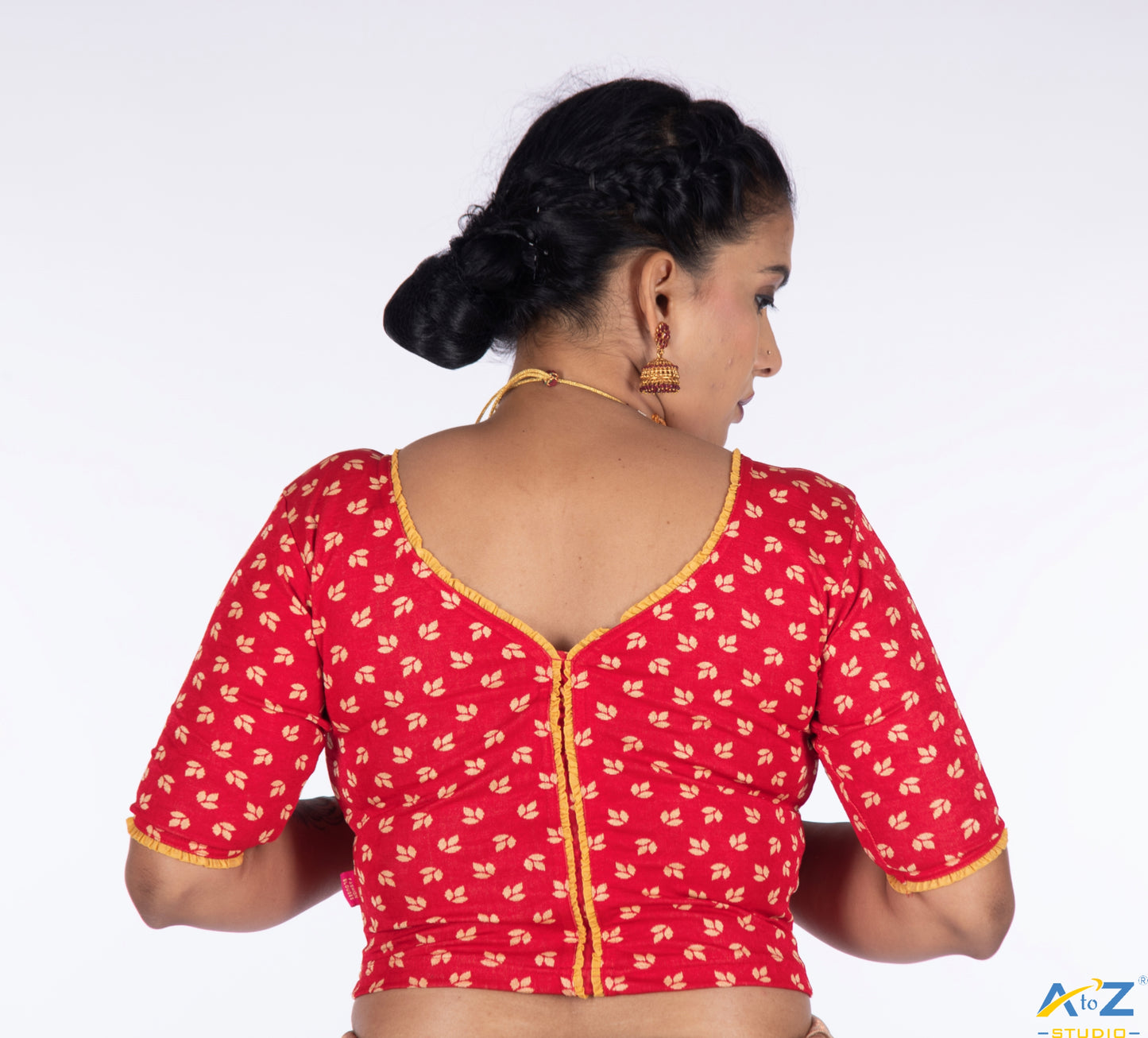 Red Nylon Lycra Leaf Design Elbow Sleeve Blouse