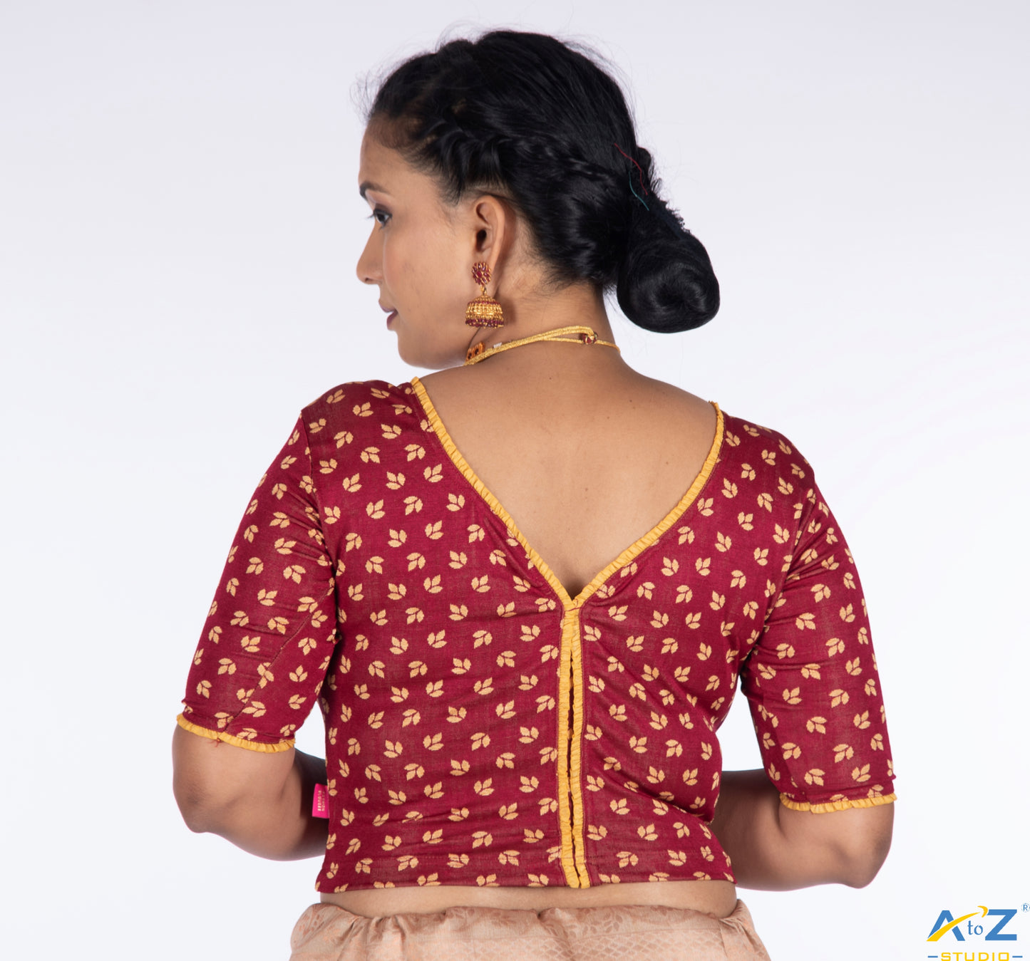 Maroon Nylon Lycra Leaf Design Elbow Sleeve Blouse