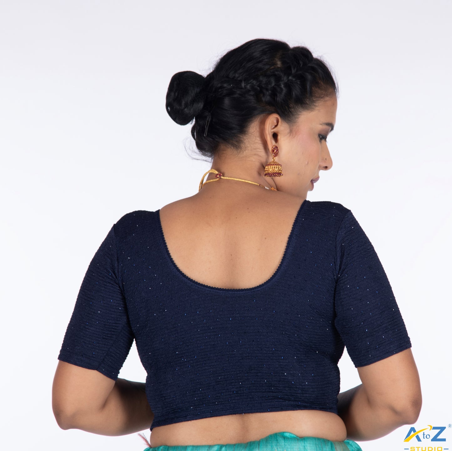 Navy Blue Crush Fabric Tissue Stone Work Blouse