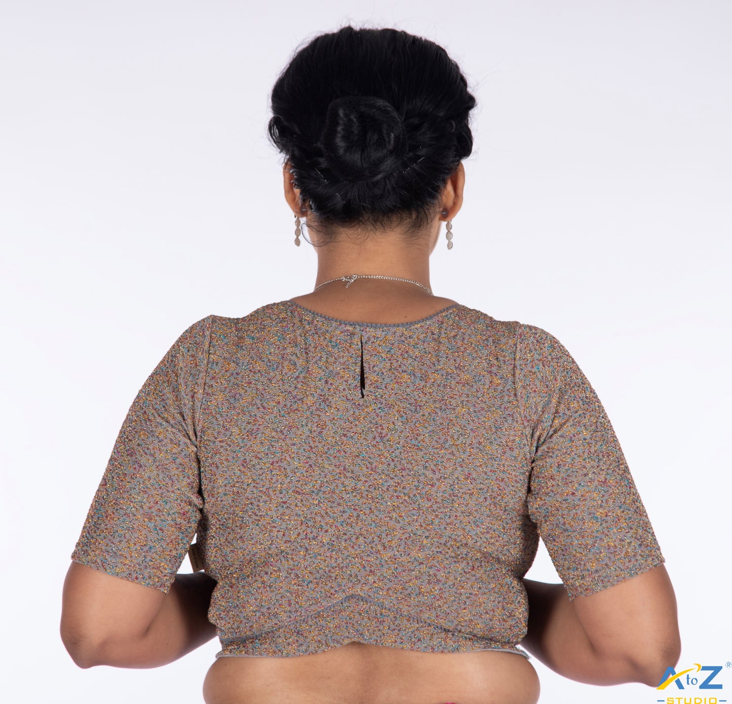 Grey Metallic Lycra Boat Neck Blouse