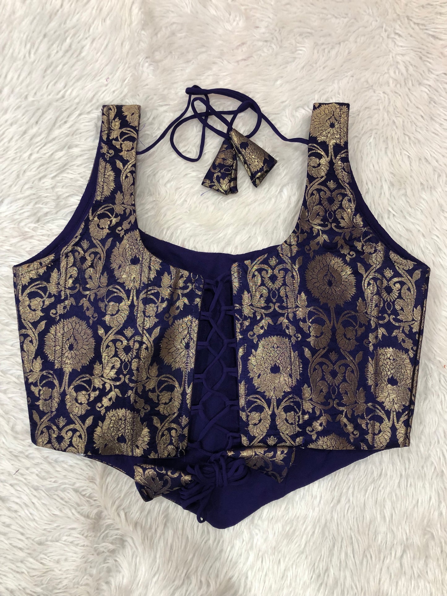 Royal Blue Banarasi Sleeveless Blouse