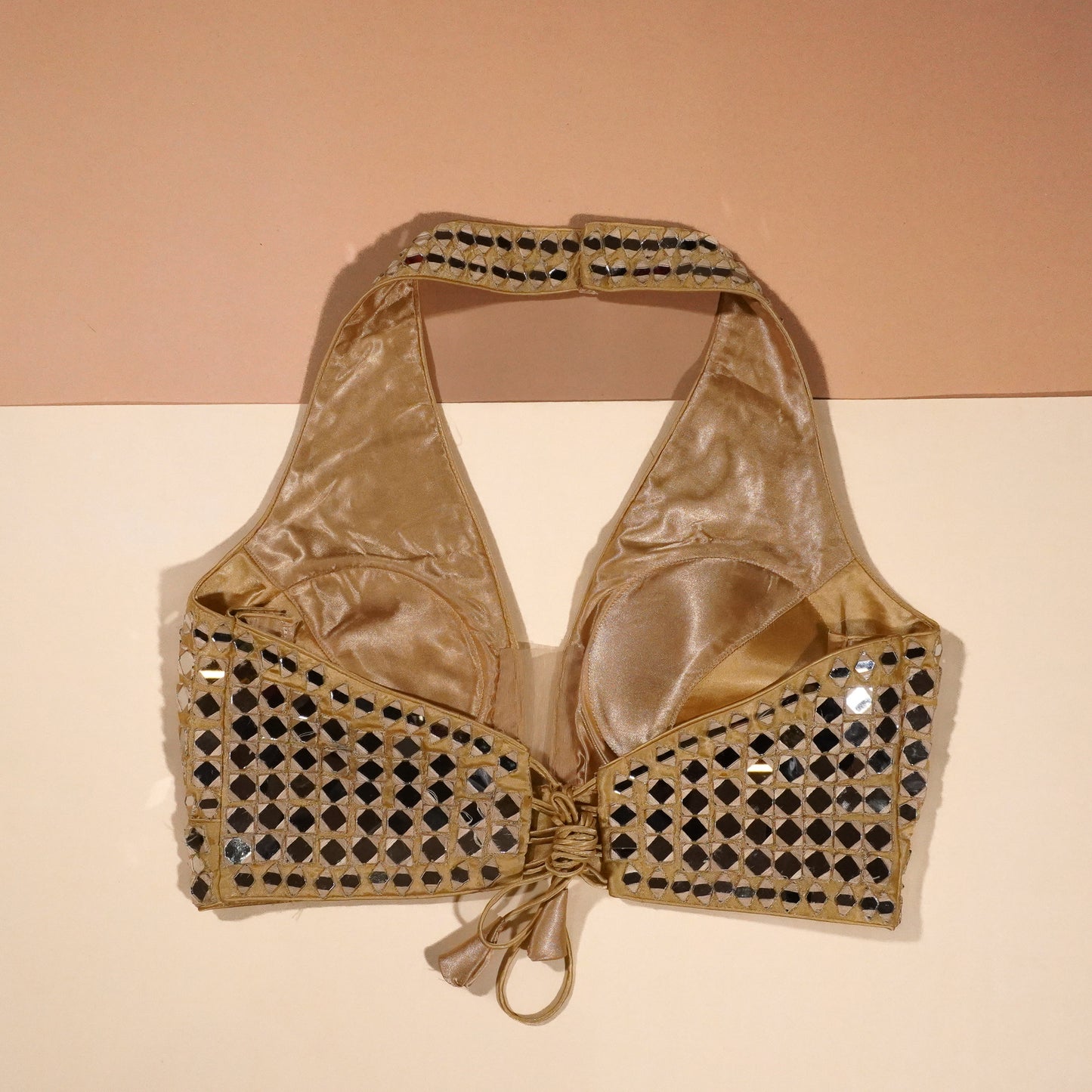 Gilded Gold Halter Blouse with Geometric Mirror Detailing