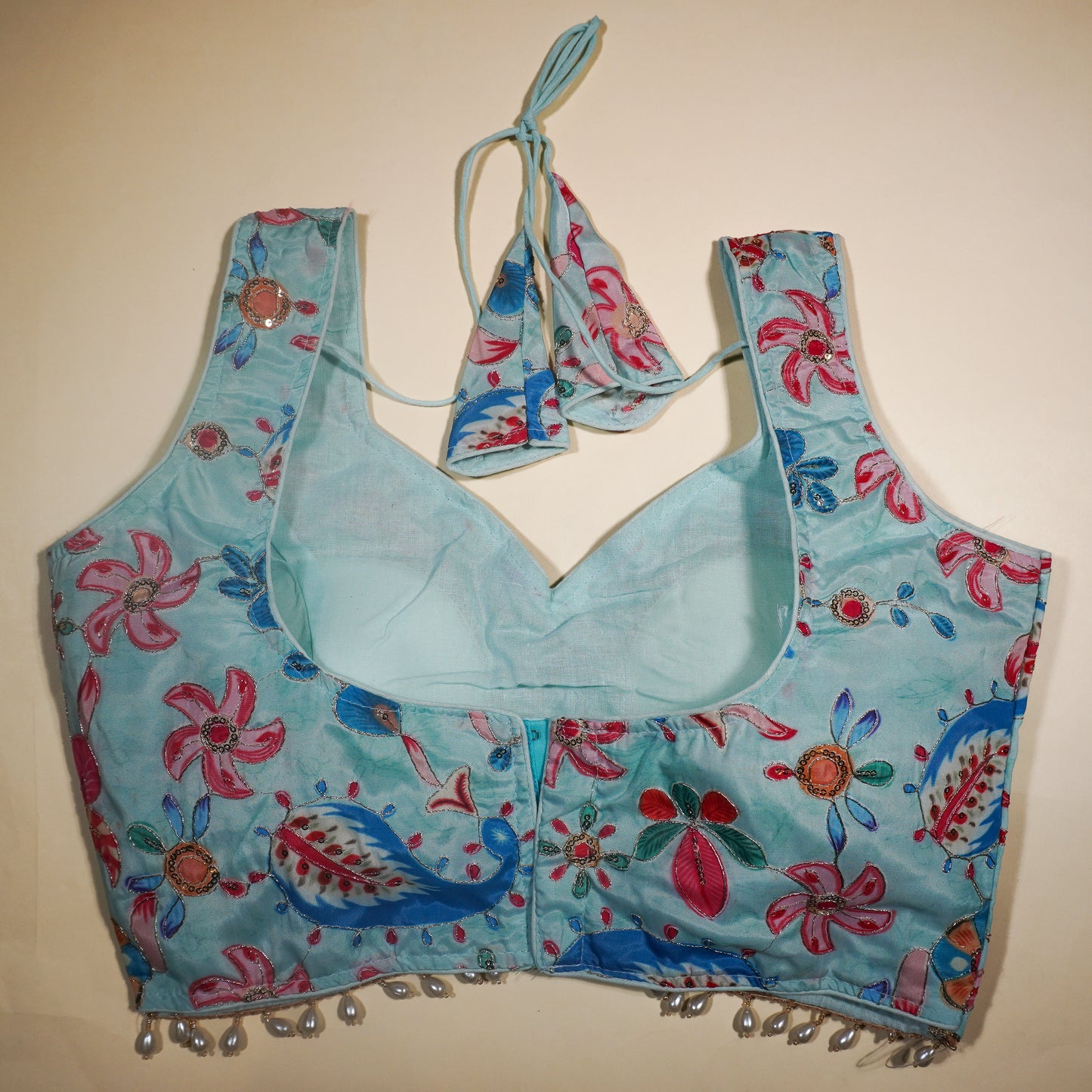 Pastel Blue V-Neck Paisley Blouse with Tassels