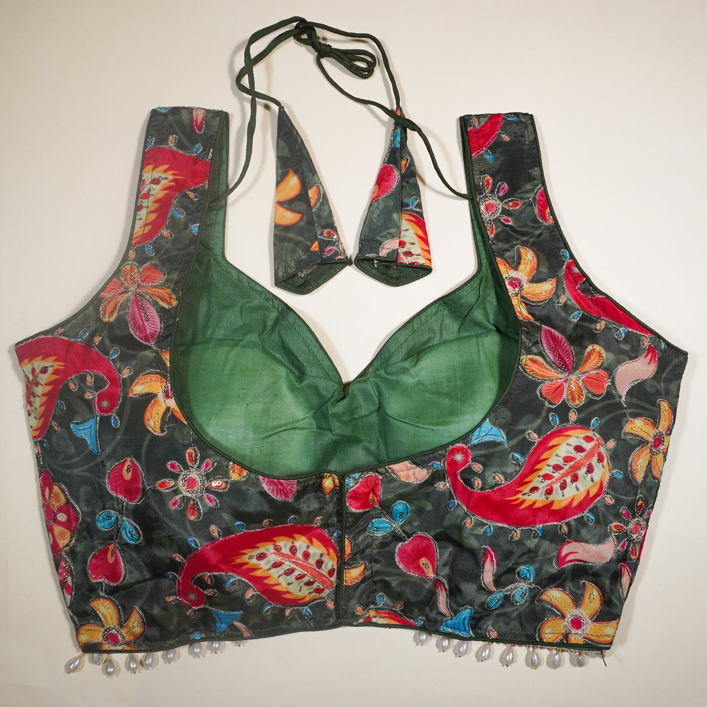 Deep Green V-Neck Paisley Print Readymade Blouse