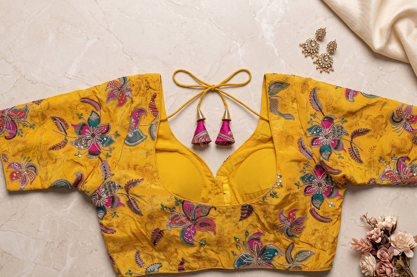 Yellow Velvet Floral Sequin Blouse