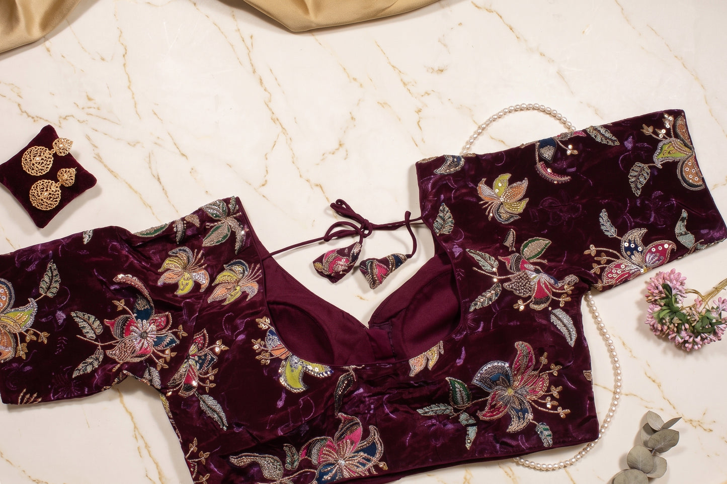 BloodRed Velvet Floral Zardozi Embroidered Blouse