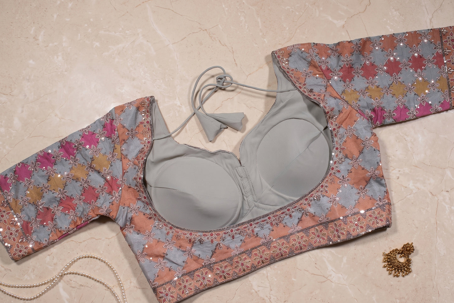 Grey and Peach Patchwork Zari Grid Blouse