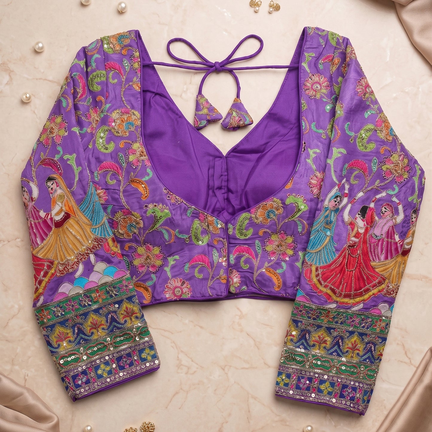 Purple Silk Blouse with Hand-Embroidered Dandiya Dancer Sleeves & Zardosi Work