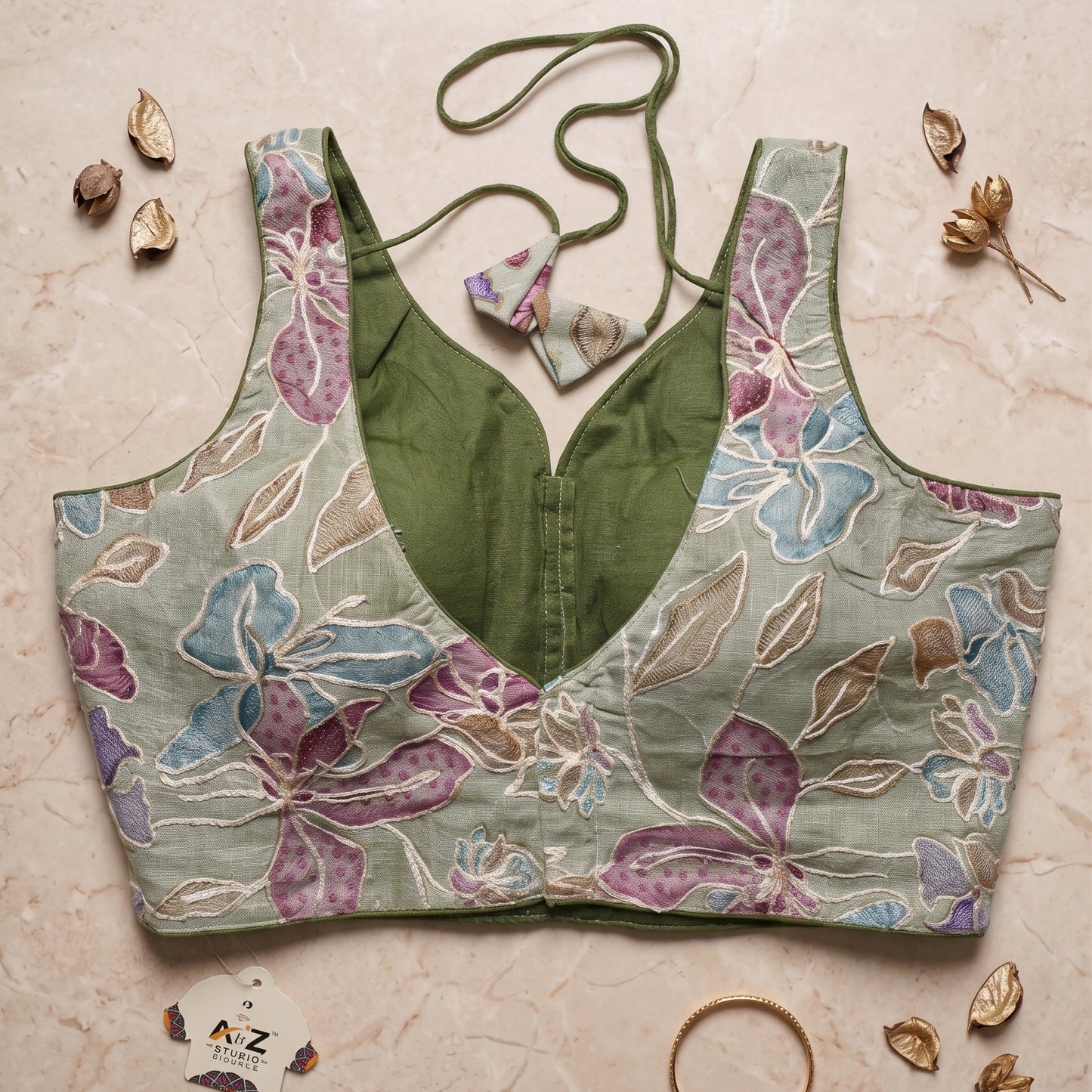 Olive Green Floral Embroidered Sweetheart Blouse