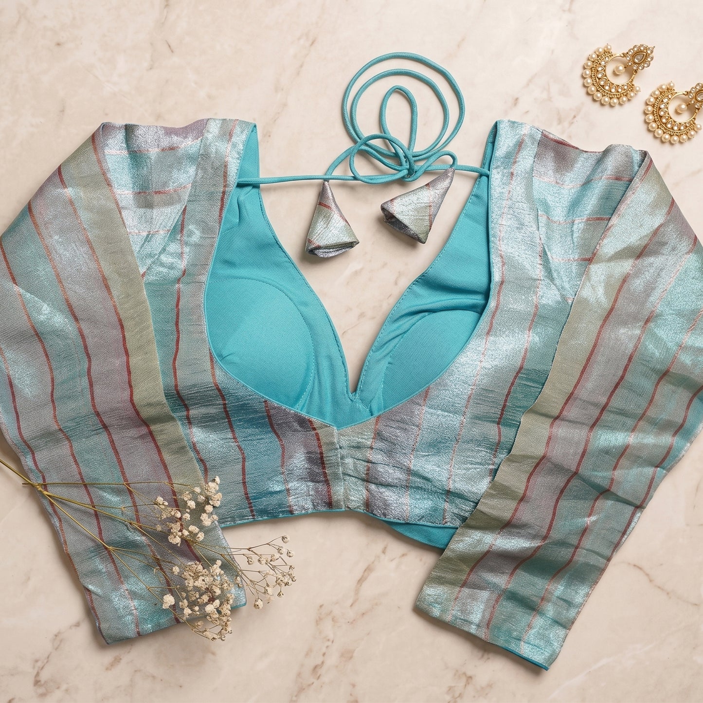 Turquoise Metallic Striped Deep V-Neck Blouse