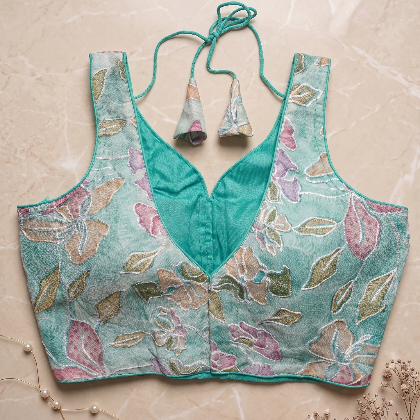 Sea-Green Floral Embroidered Sweetheart Blouse