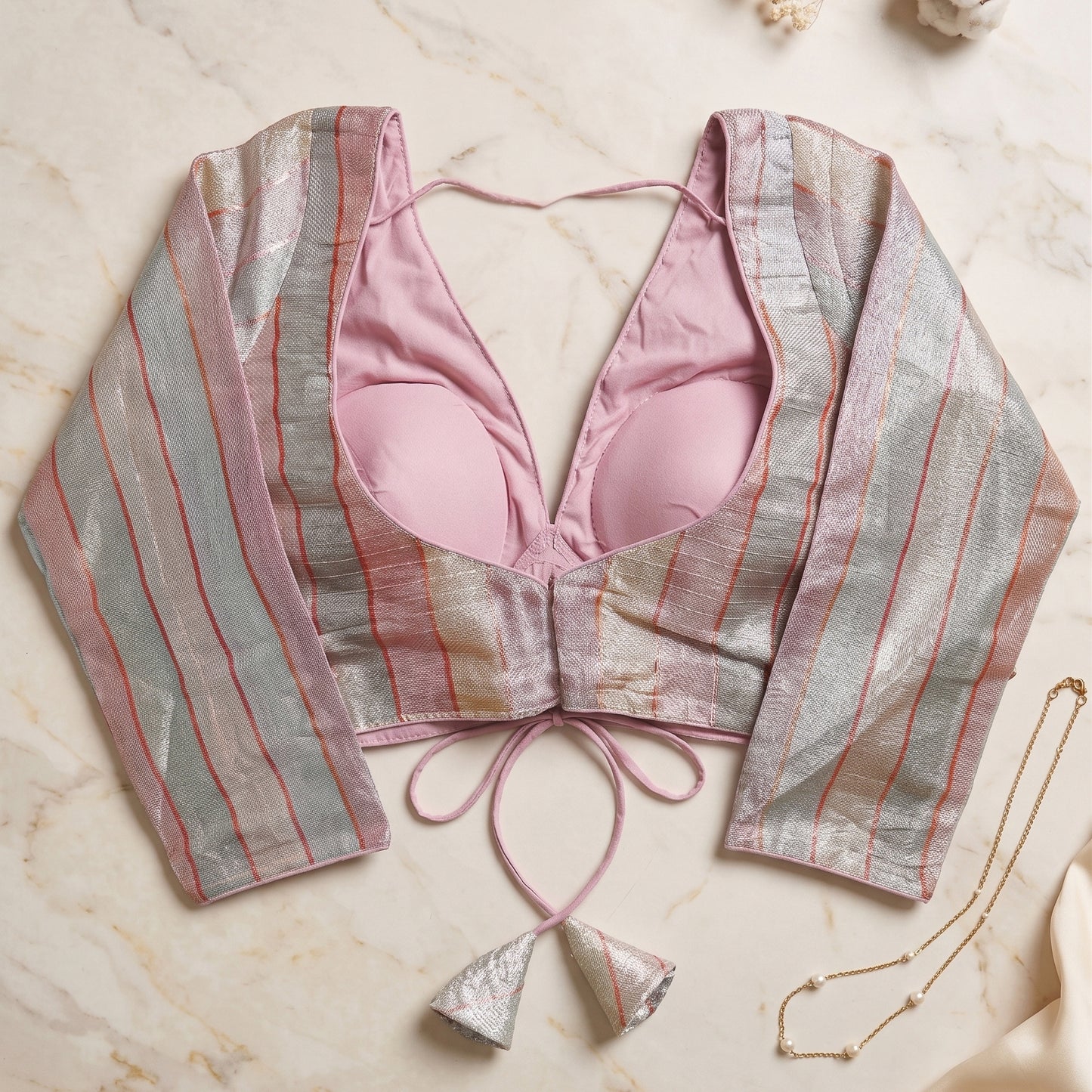 Dusty Rose Rainbow Zari Handcrafted Blouse with Dori Tassels