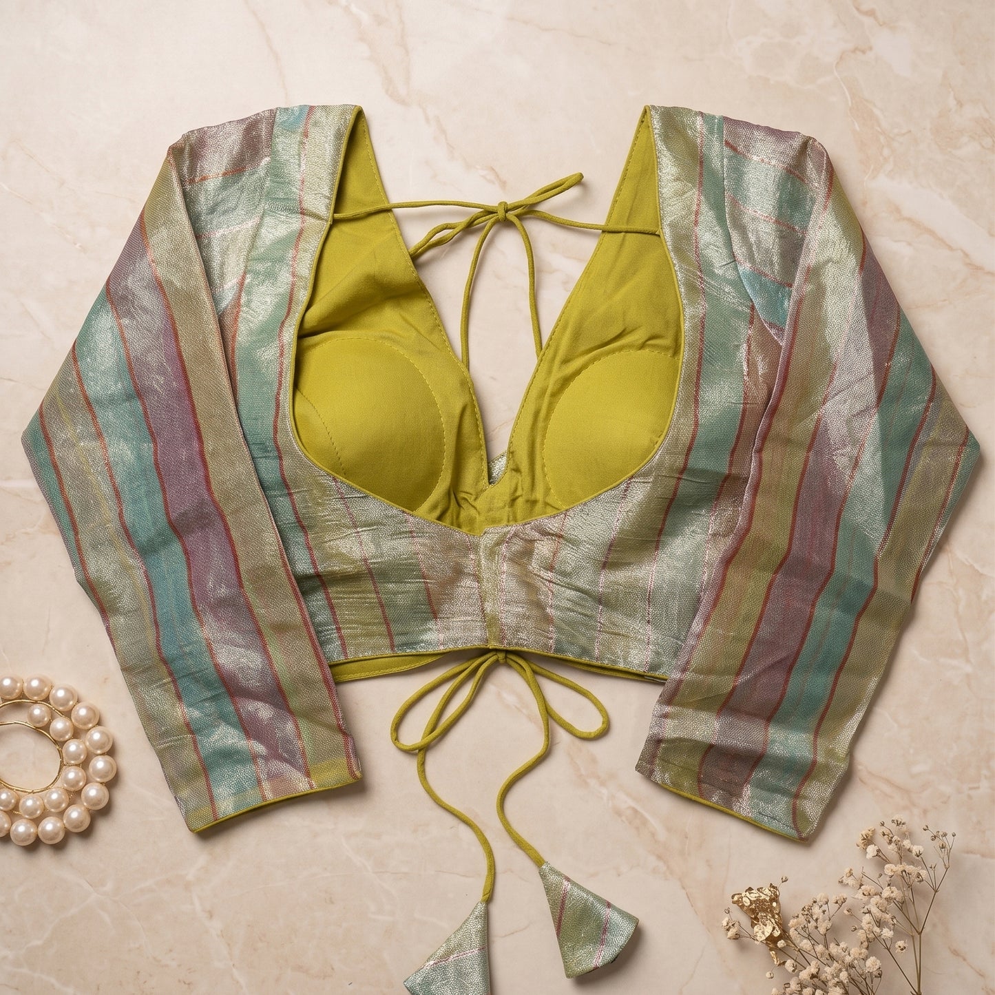 Multi-Color Metallic Striped Deep V-Neck Blouse