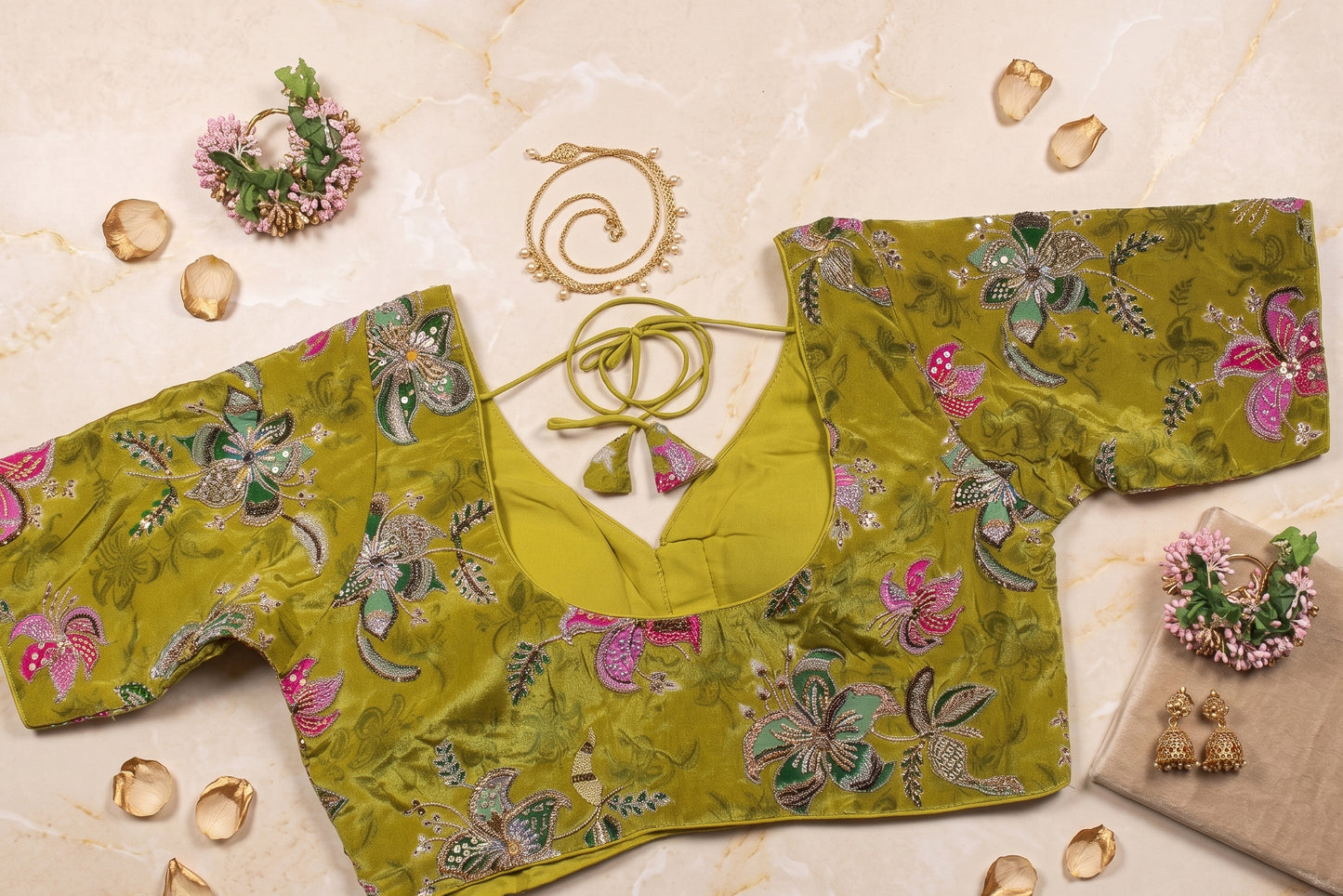 Green Velvet Hand-Embroidered Blouse with Dori Tie-Back