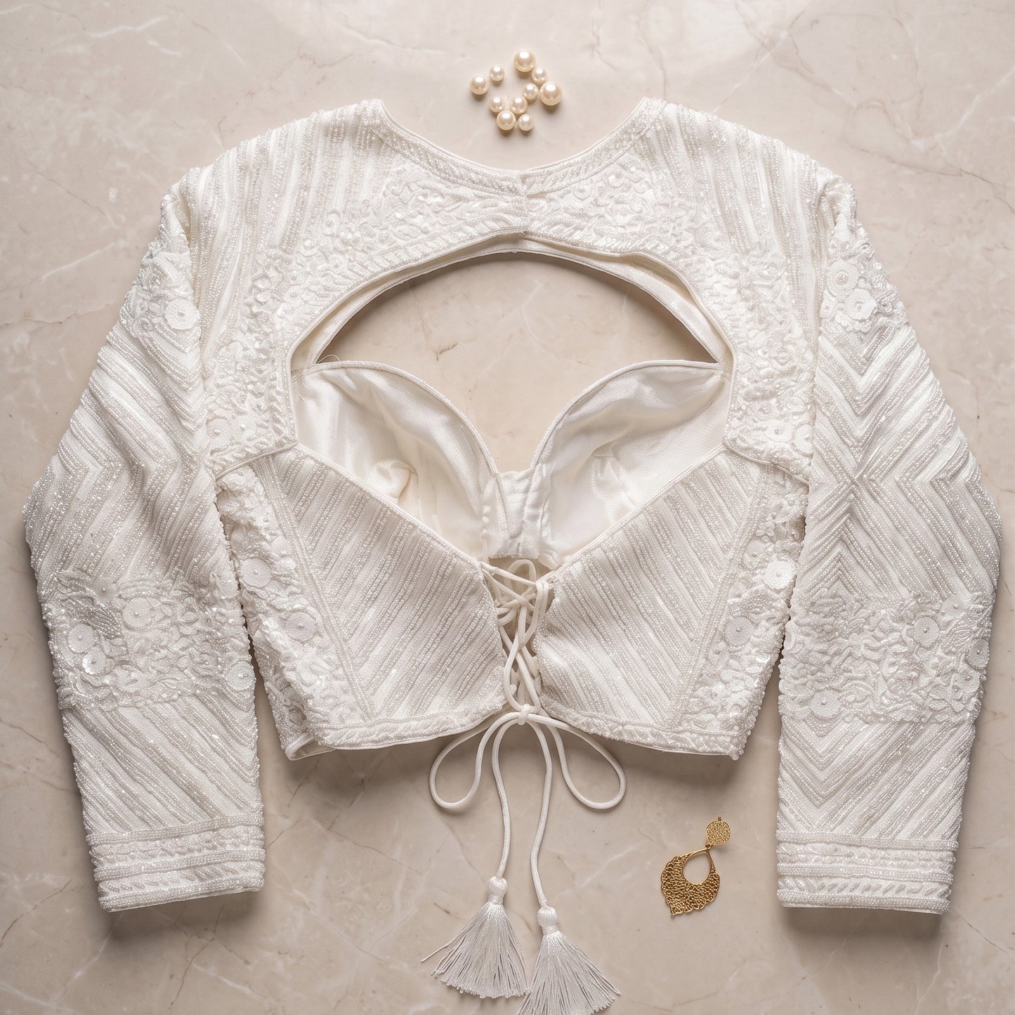 Off-White Heavily Sequined Corset Blouse with Cut-Out High Neck & Full Sleeves