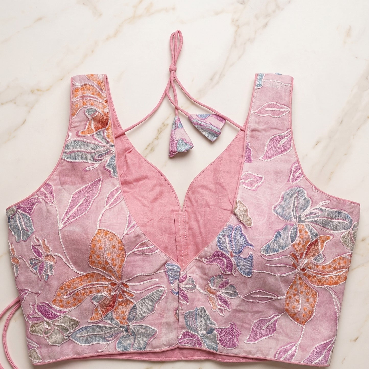 Lilac Pink Floral Embroidered Sweetheart Blouse